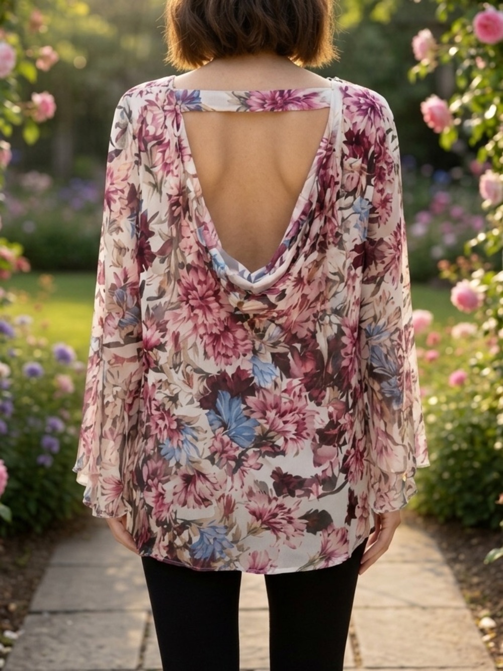 White House Black Market Floral Chiffon Blouse - Burgundy and Blue
